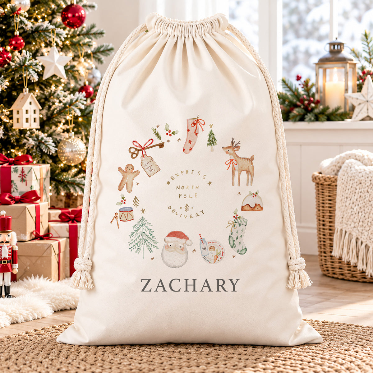 Personalised cream North Pole Christmas sack with Santa, reindeer, festive wreath illustrations, Express Delivery wording and child’s name.