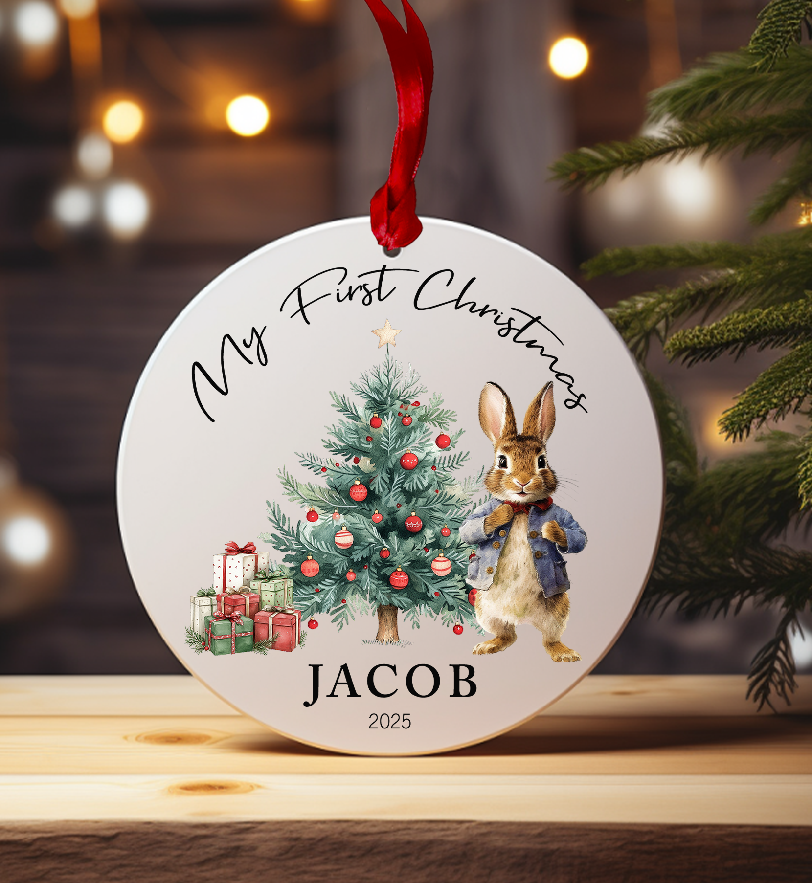 My First Christmas ornament with rabbit illustration