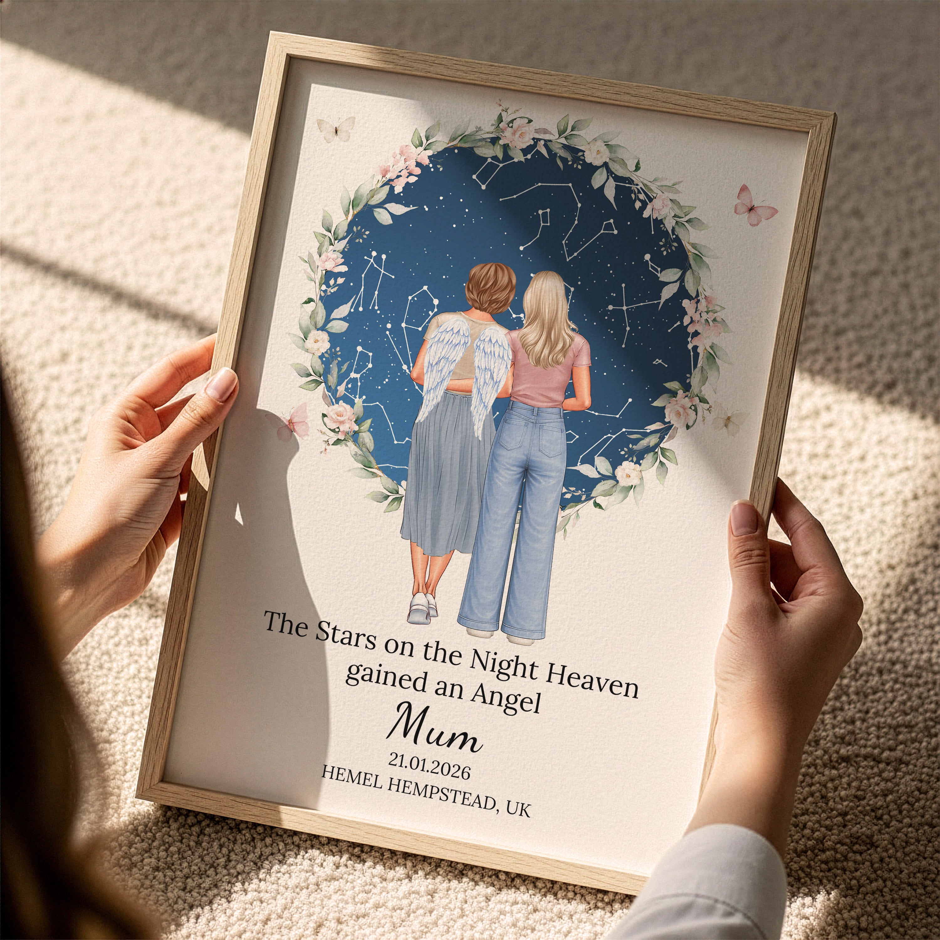 Personalised loss of mum memorial star map print in wooden frame with illustrated mother with angel wings and daughter, in loving memory wall art