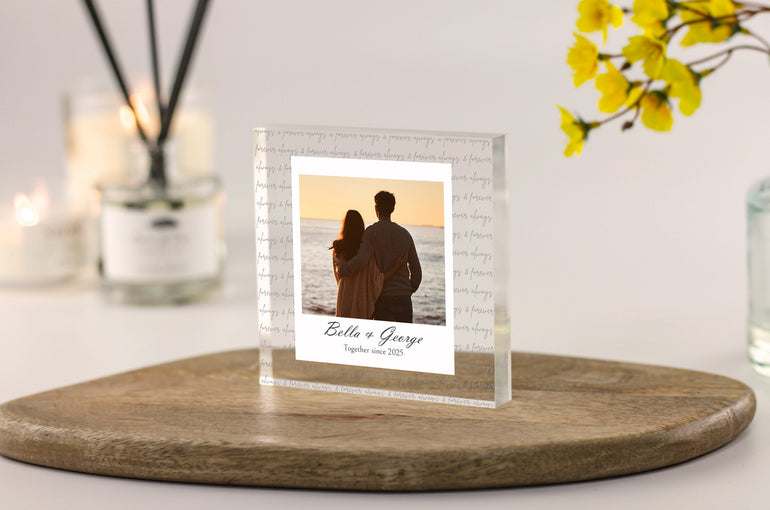 Always and Forever personalised acrylic photo block with layered romantic text background for couples anniversary gift