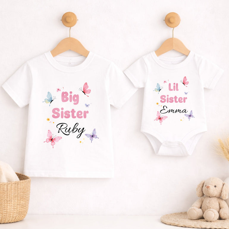 personalised big sister little sister butterfly matching outfits tshirt and baby vest