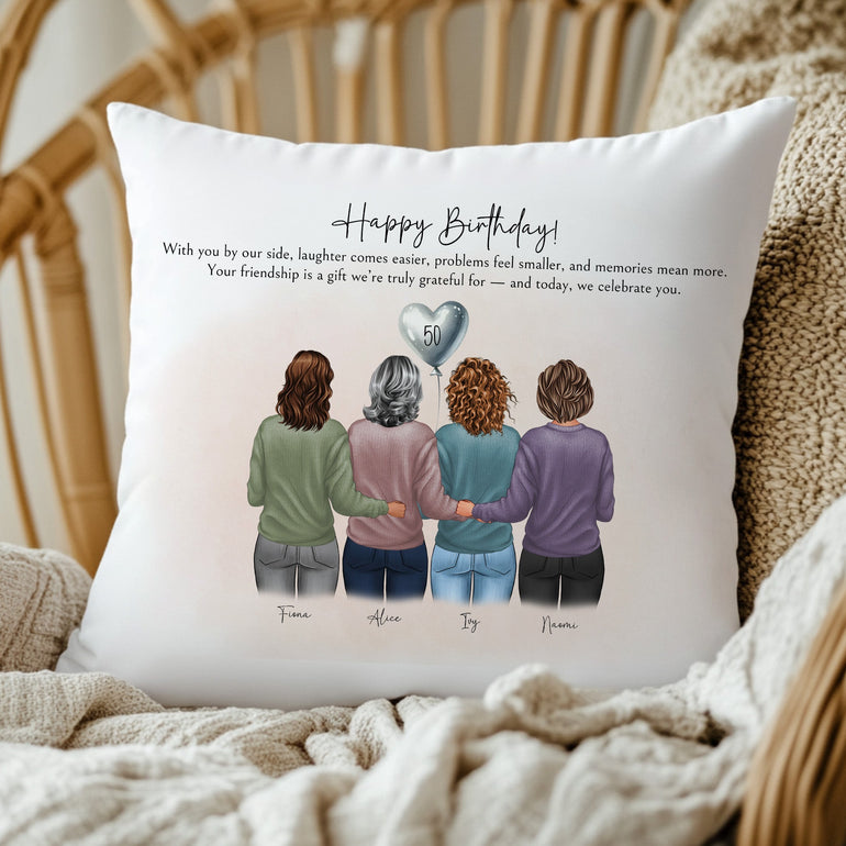 Personalised 50th birthday friendship cushion with four female characters, names and heart shaped age balloon