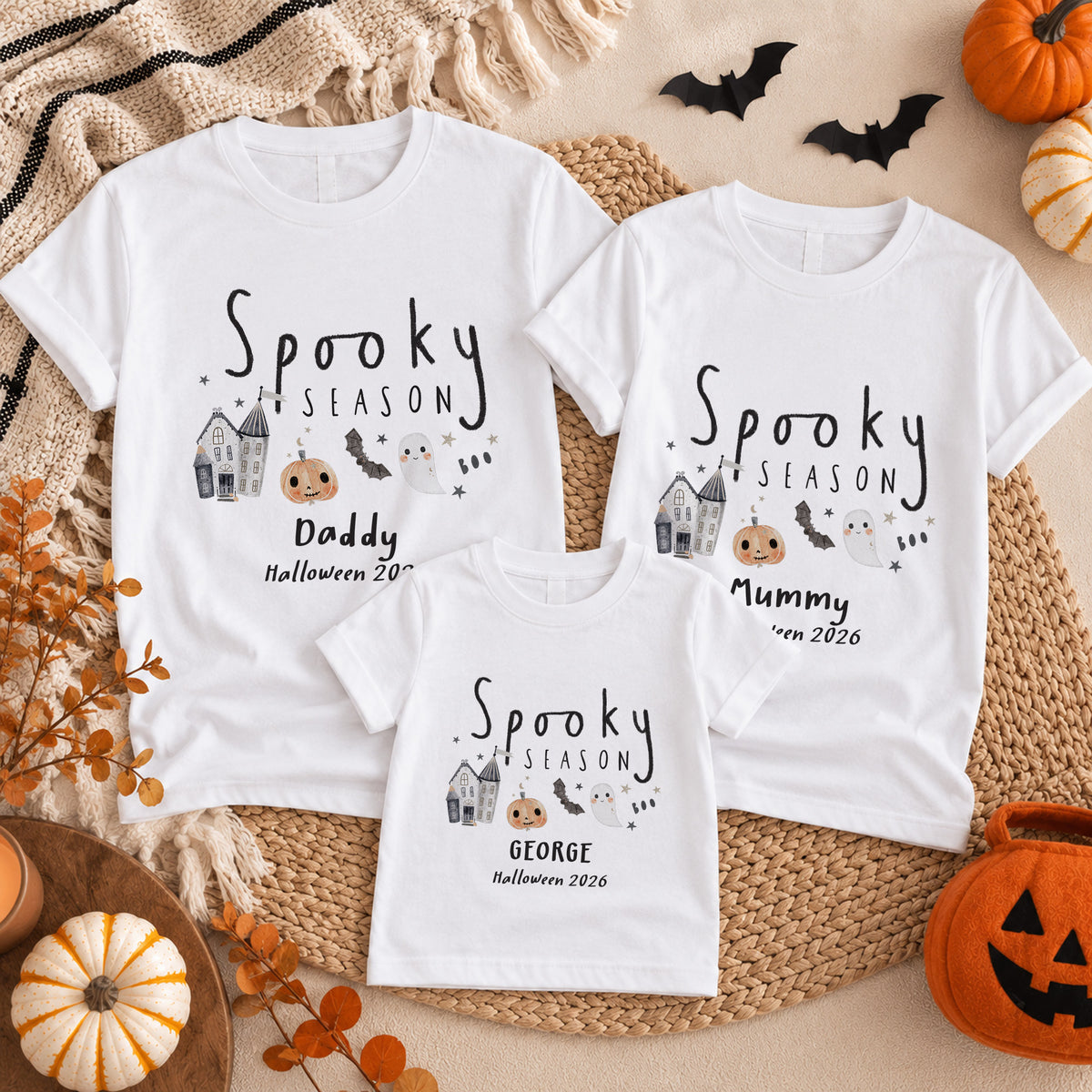 Personalised matching family Halloween T-shirts for Daddy Mummy and child with Spooky Season haunted house pumpkin ghost and bat design