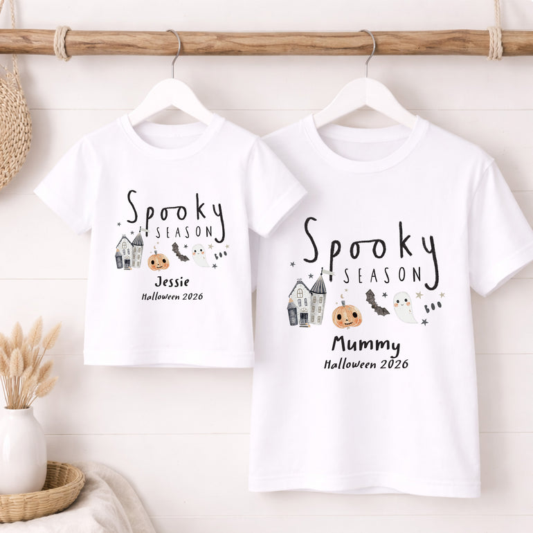 Matching Mummy and child Halloween T-shirts with personalised Spooky Season design, child’s name and chosen Halloween year