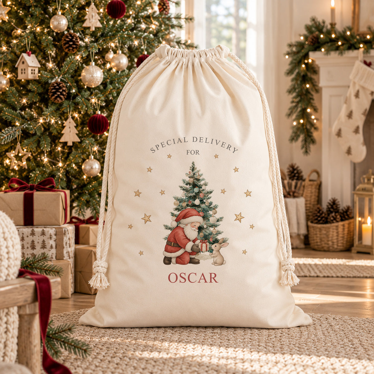 Large personalised Santa sack with Special Delivery For name design featuring Santa giving a present to a bunny beside a Christmas tree.