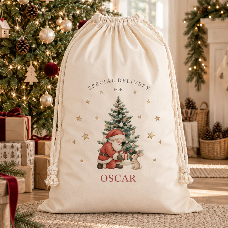 Large personalised Santa sack with Special Delivery For name design featuring Santa giving a present to a bunny beside a Christmas tree.