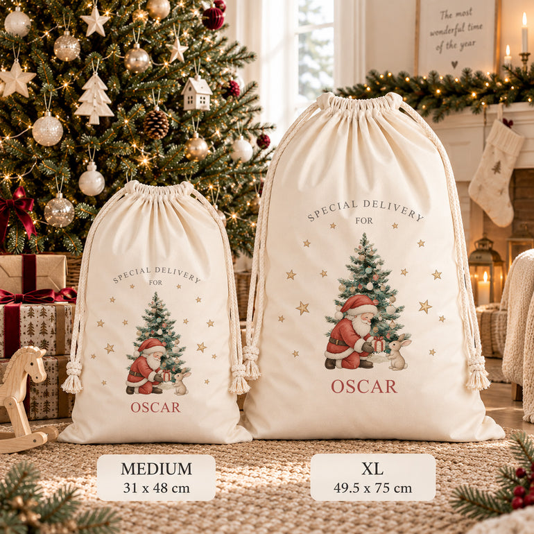 Personalised Santa sacks with Special Delivery Santa and bunny design in Medium 31 x 48 cm and XL 49.5 x 75 cm.