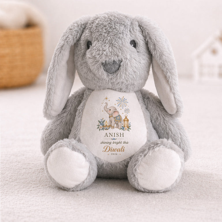 Grey personalised Diwali bunny with blue elephant name and chosen year