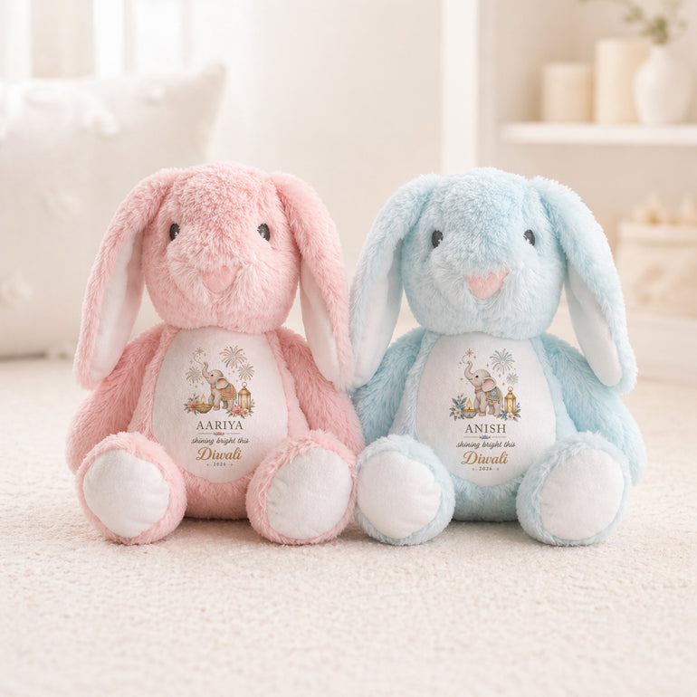 Matching personalised Diwali bunny gifts with pink and blue elephant designs