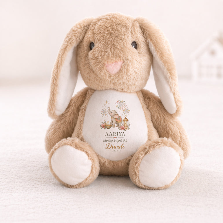 Brown personalised Diwali bunny teddy with pink elephant Shining Bright design
