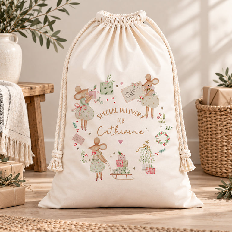 Cream Special Delivery Santa sack personalised with Catherine, featuring pink and sage Christmas mice, displayed in a neutral room.