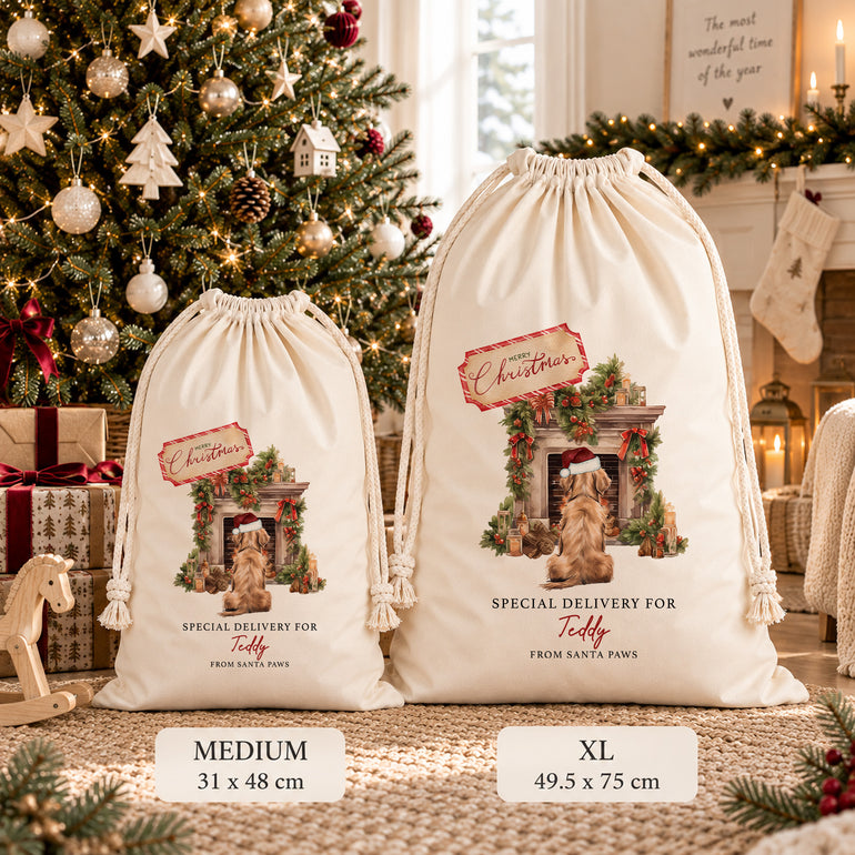 Medium and XL personalised pet Christmas sacks side by side, showing the fireplace artwork with size measurements beneath each sack.