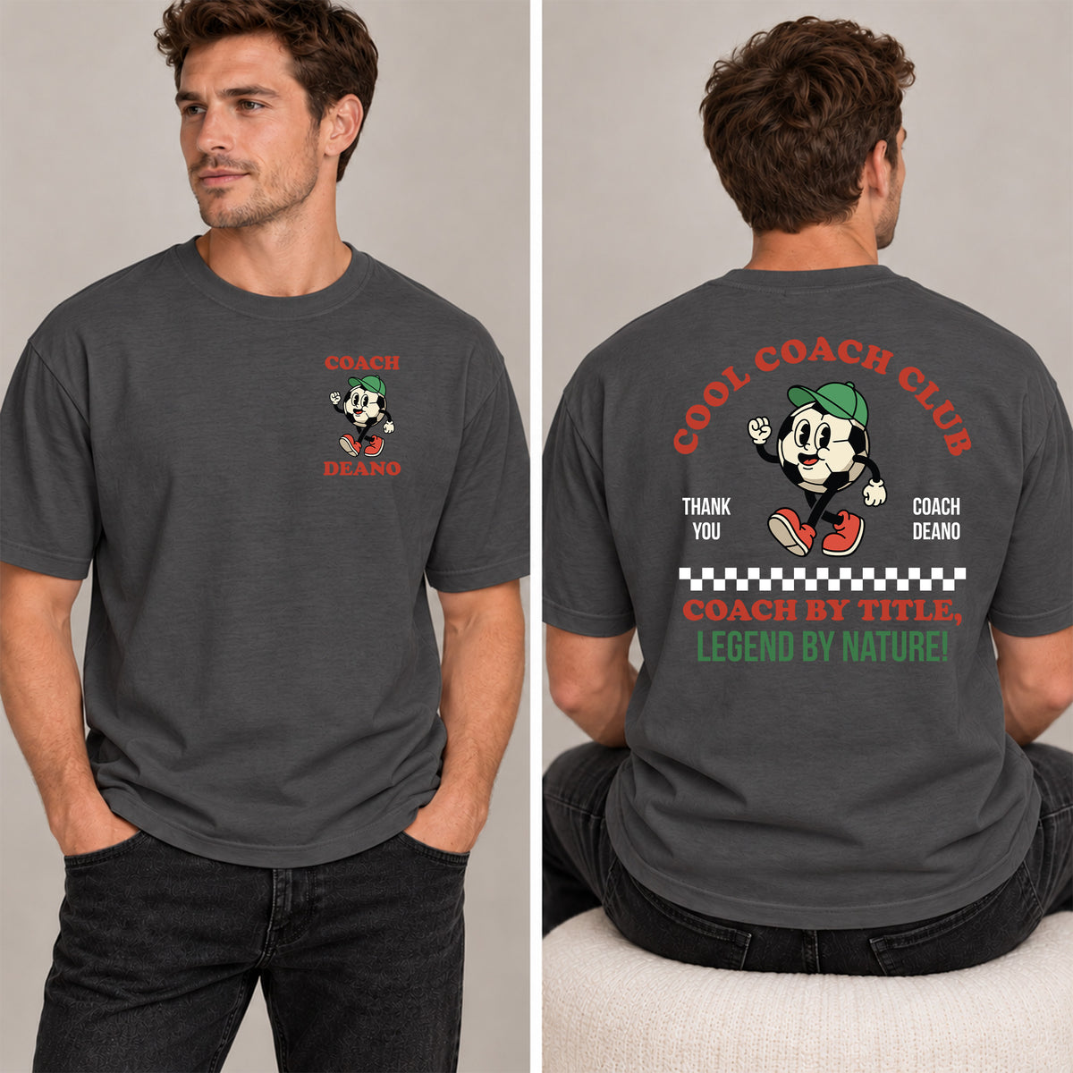 Man in a charcoal Cool Coach Club football coach gift T-shirt, the back printed with Cool Coach Club, a retro cartoon football character in a green cap, Thank You, Coach Deano and Coach by Title, Legend by Nature, the front with a small Coach Deano badge