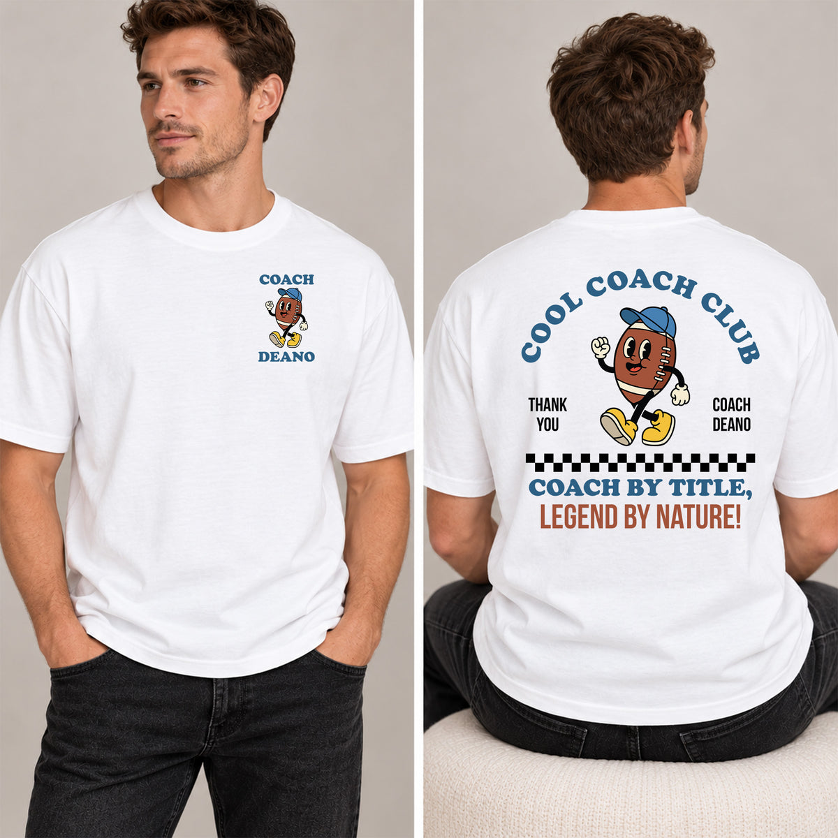 Man in a white Cool Coach Club rugby coach gift T-shirt, the back printed with Cool Coach Club, a retro cartoon rugby ball character in a blue cap, Thank You, Coach Deano and Coach by Title, Legend by Nature, the front with a small Coach Deano badge