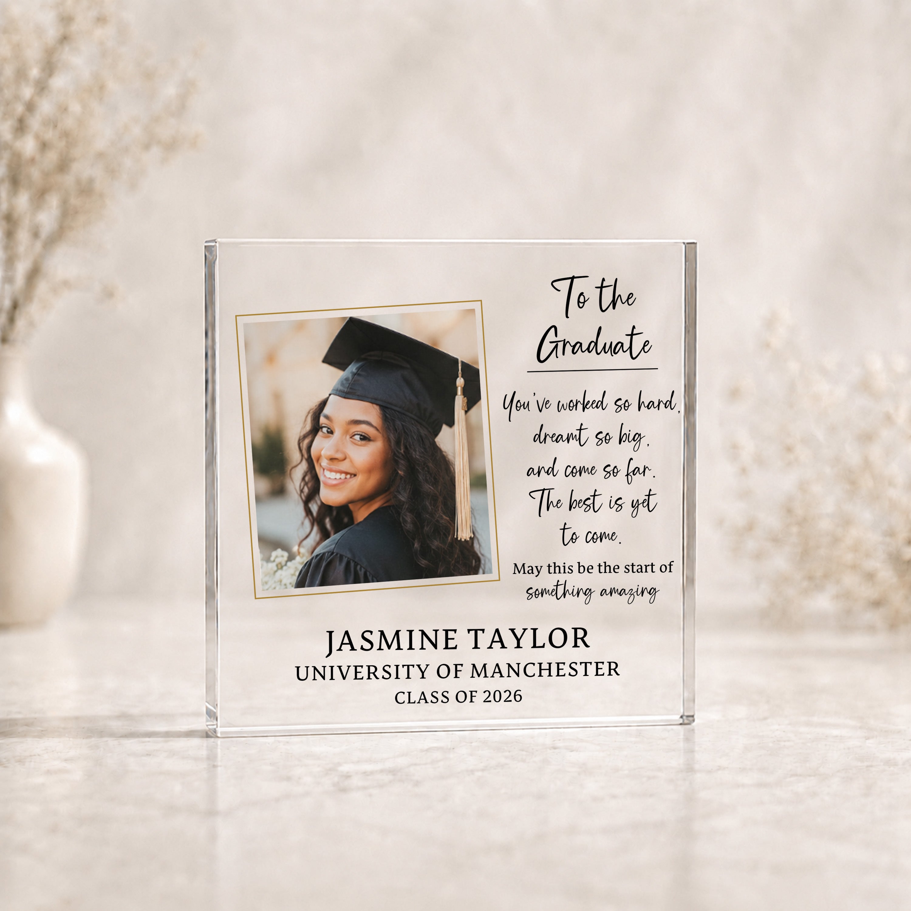 To The Graduate personalised photo block with graduation photo, name, university details and message
