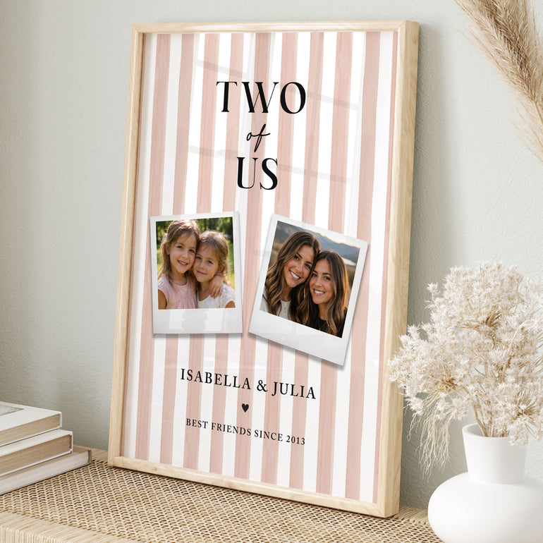 Personalised Two Of Us best friend then and now photo print with two photos, names, friends since year and pink striped background.