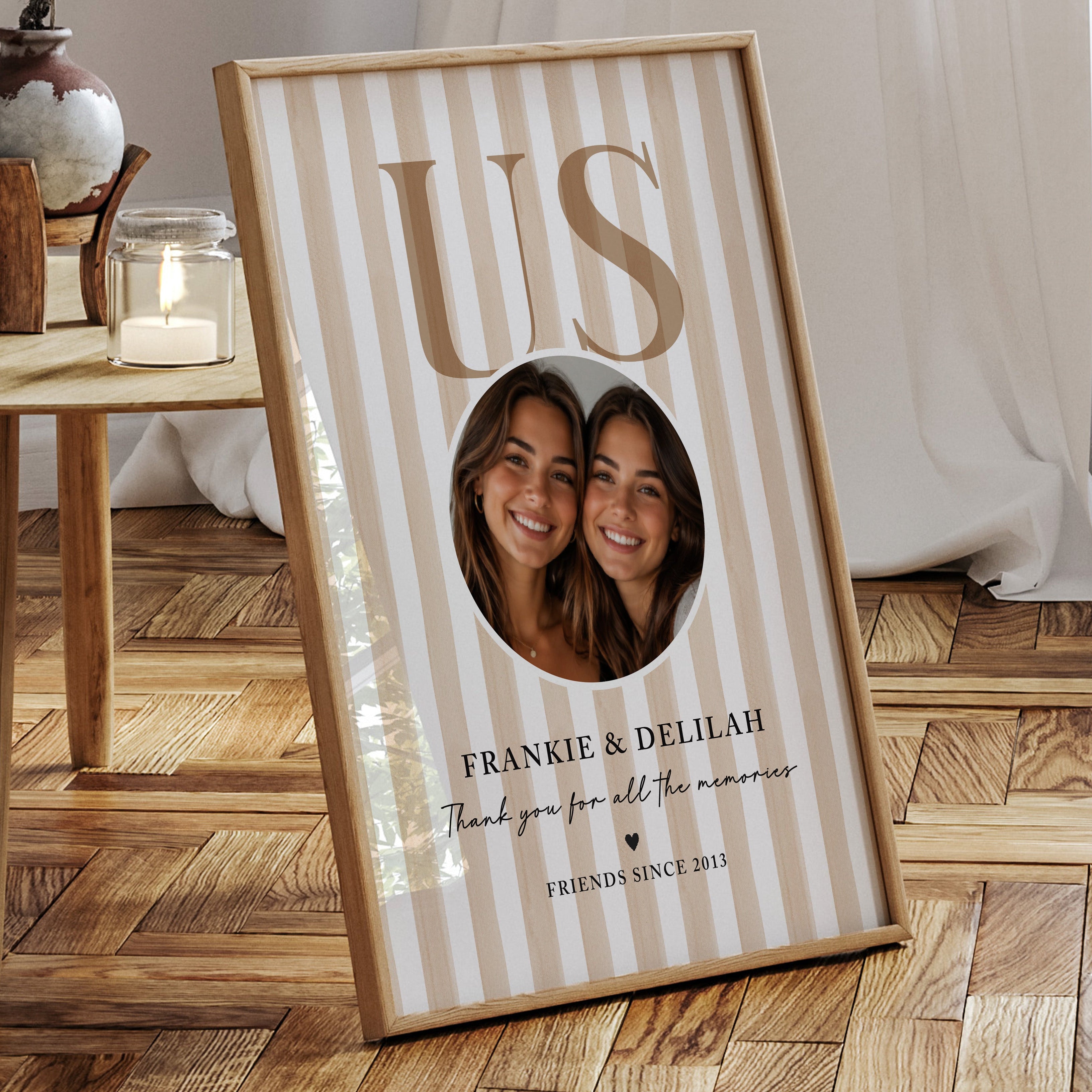 Personalised best friend photo print with cream striped background, US design, two names and friends since year.