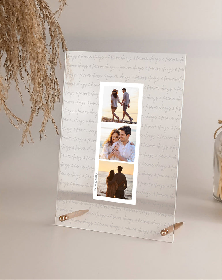 Always and Forever three photo acrylic plaque with layered text background and metal rod stand for couples wedding and anniversary gift