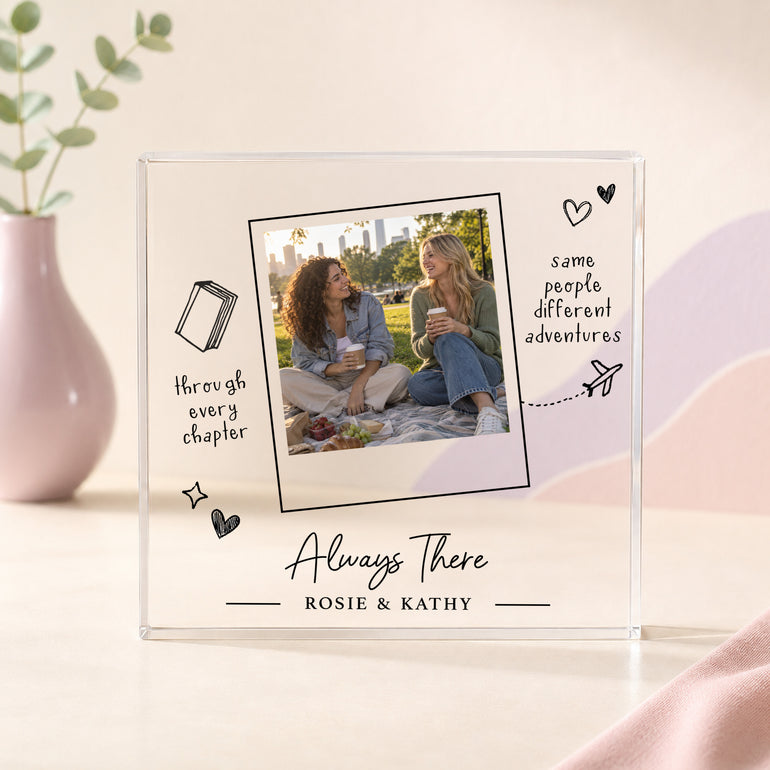 Personalised Always There best friend photo block with friendship photograph, two names and hand drawn travel doodles