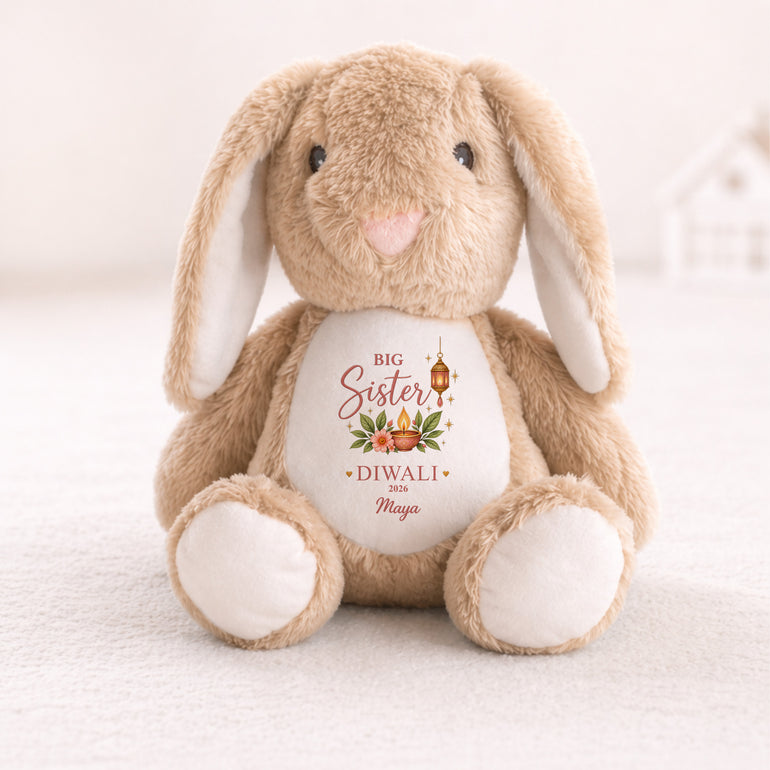 Personalised Big Sister Diwali bunny teddy with name year diya and floral design