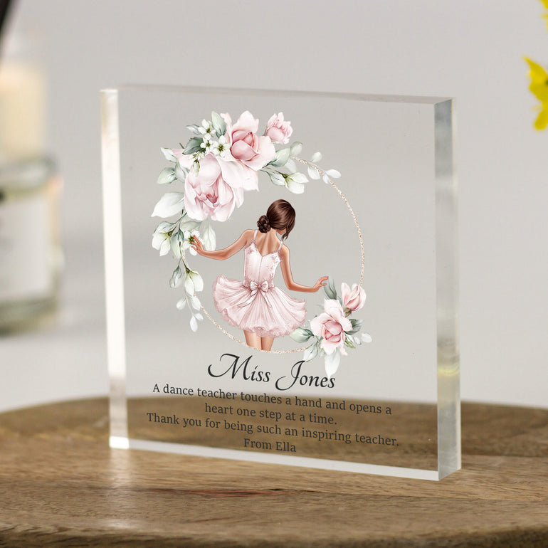 Personalised acrylic ballet teacher gift block with ballerina and floral design, featuring teacher's name, thank you message, and custom skintone/hair option.