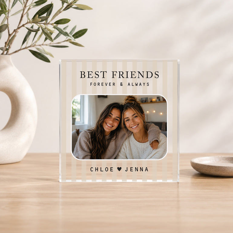 Beige striped personalised best friend picture acrylic block with one friendship photo and names Chloe and Jenna.
