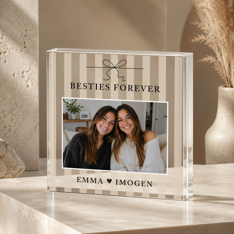 Beige striped personalised Besties Forever acrylic photo block with bow design, friendship photo and names Emma and Imogen.