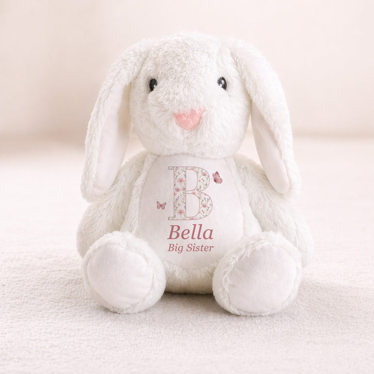 White plush bunny personalised with floral initial, name and sibling title