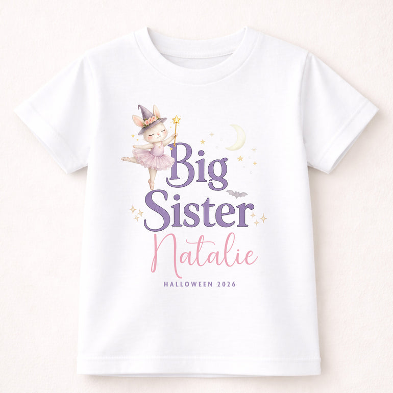 Personalised white Big Sister Halloween T-shirt with the name Natalie, purple lettering and a watercolour witch bunny illustration.