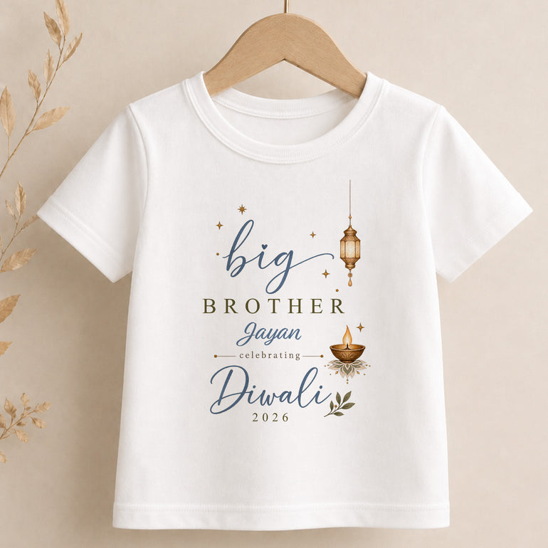 Personalised big brother Diwali white kids T-shirt with name and year