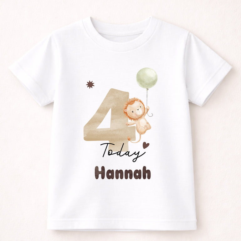 Custom 4th birthday shirt lion balloon illustration