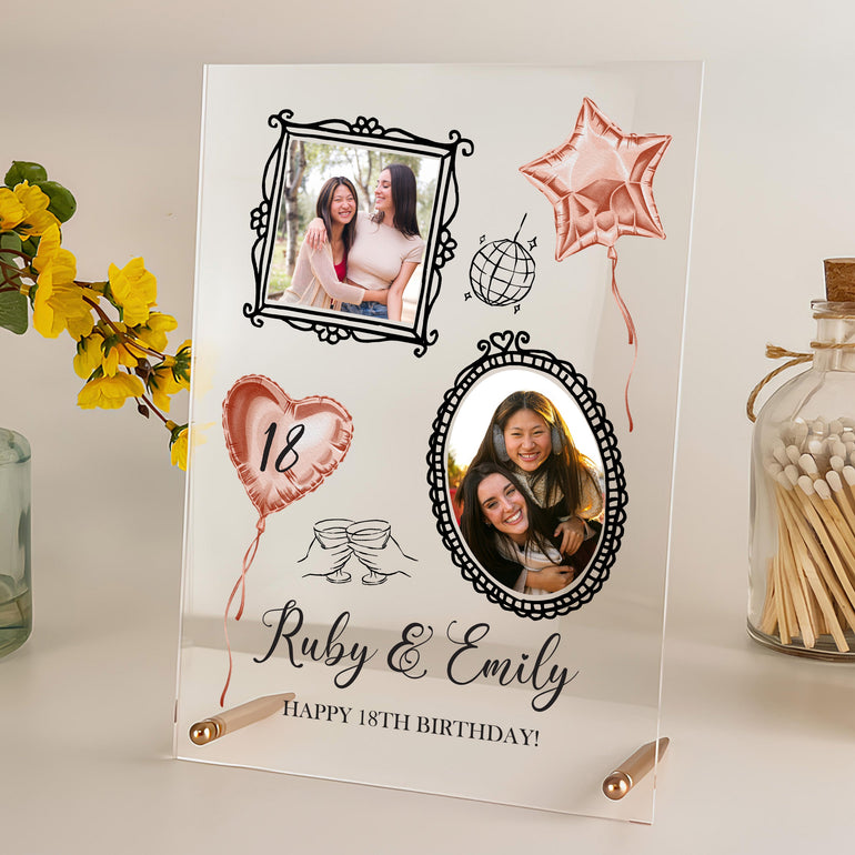 Personalised best friend birthday acrylic plaque with two photos, rose-gold balloon design and polished metal stand – custom 18th birthday gift for her or any age