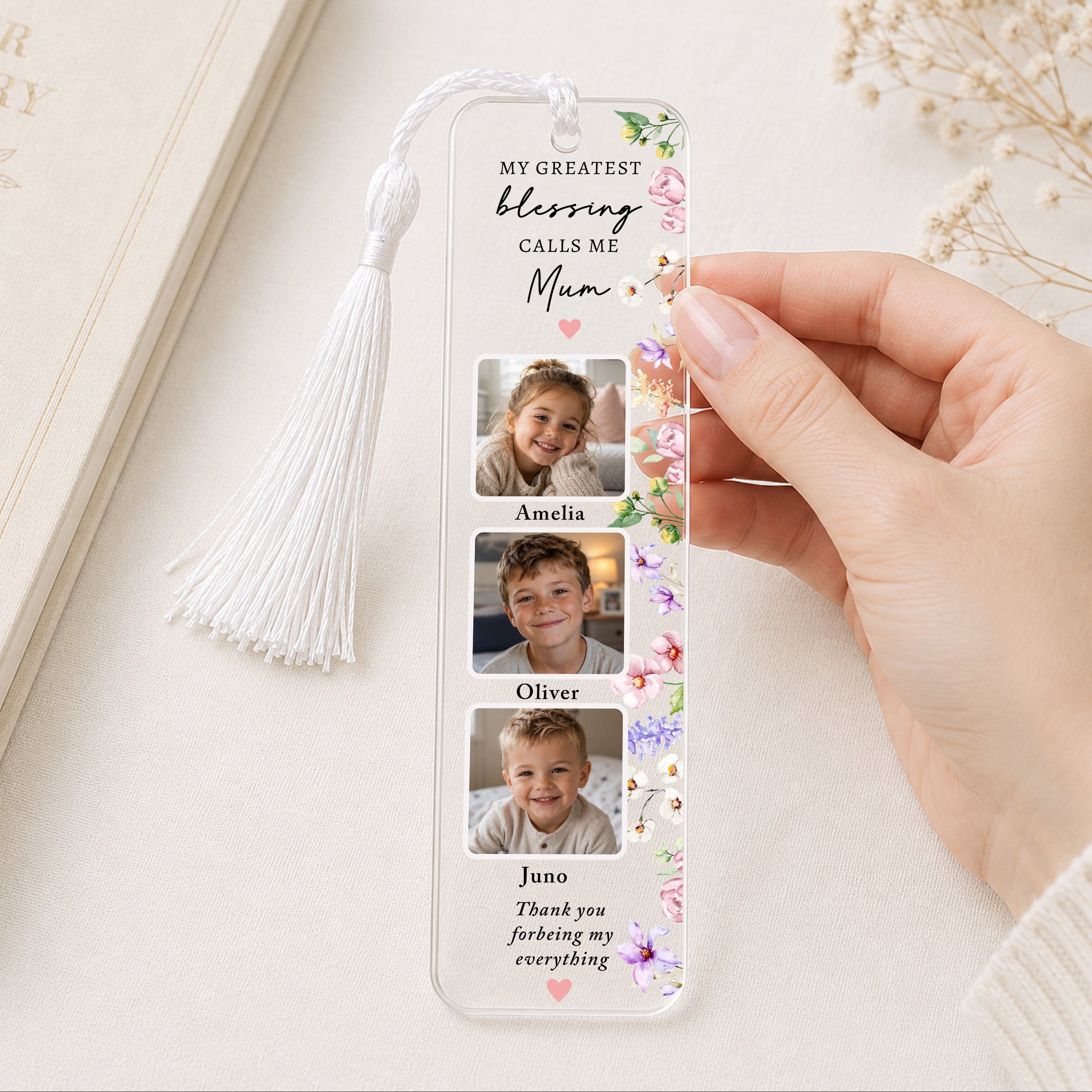 Personalised floral Mum photo bookmark with children's photographs and names, finished with a white tassel.