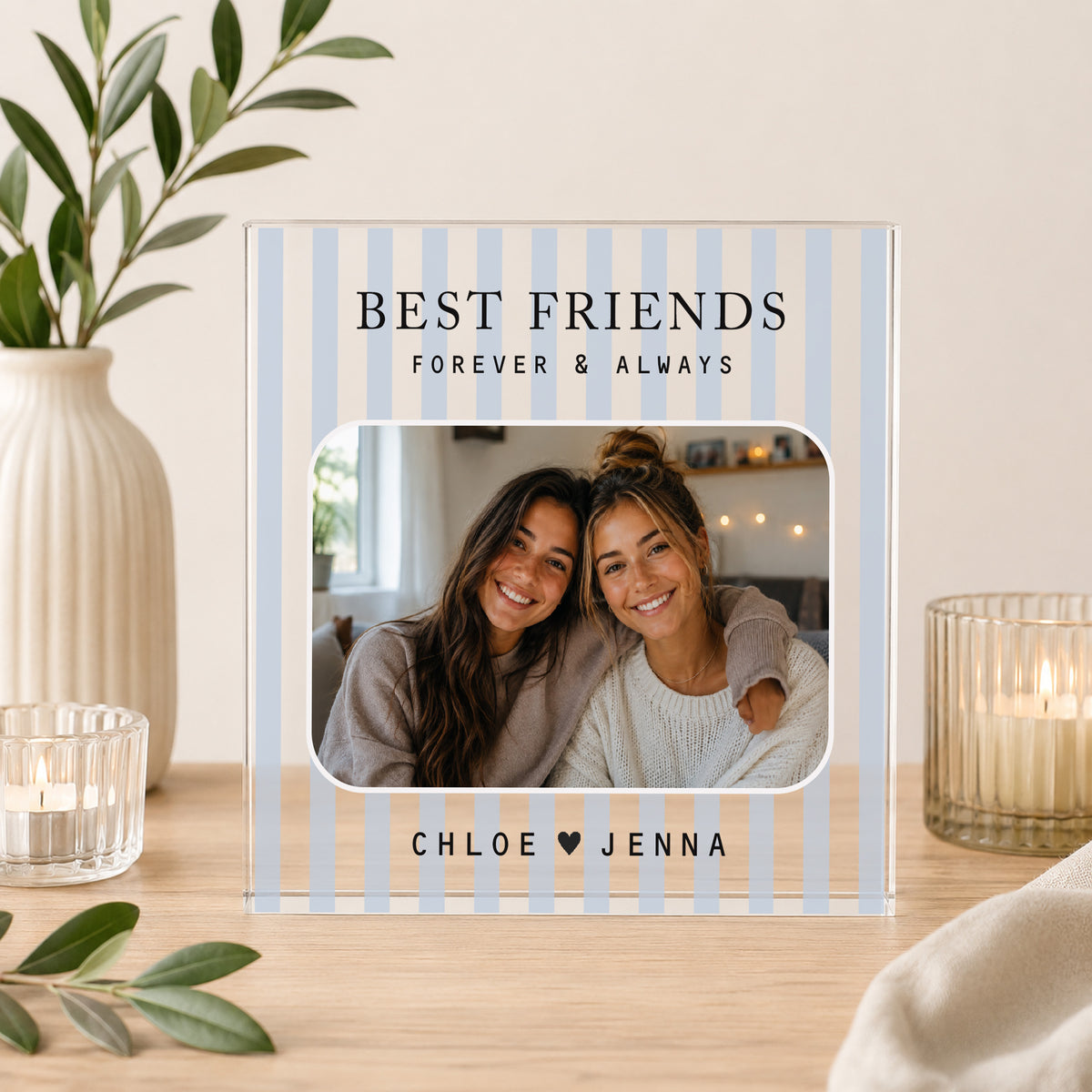 Blue striped personalised best friend acrylic photo block with Best Friends Forever & Always wording and one photo.