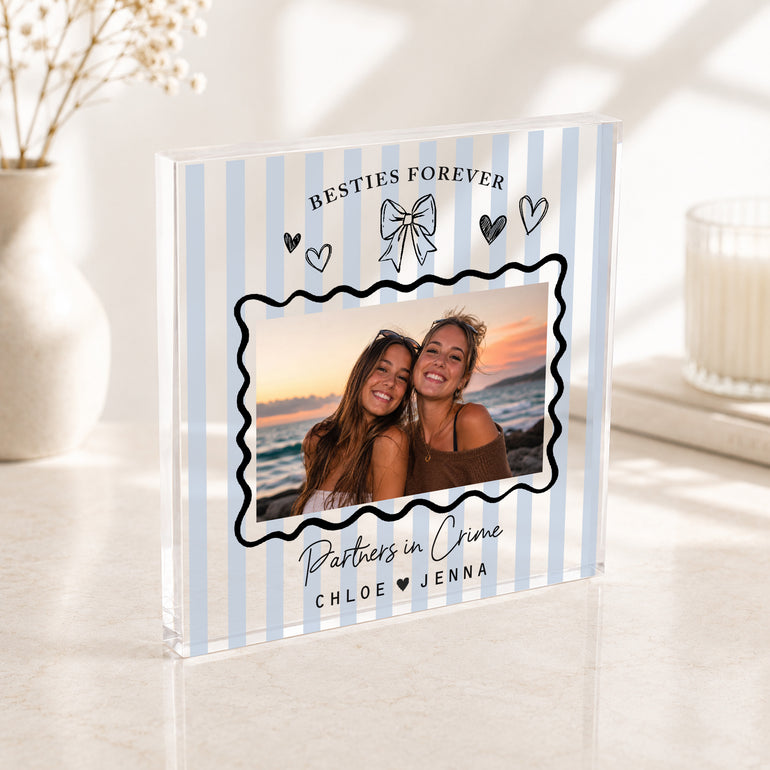 Blue striped personalised friendship photo block with custom wording, one photo and names Chloe and Jenna.