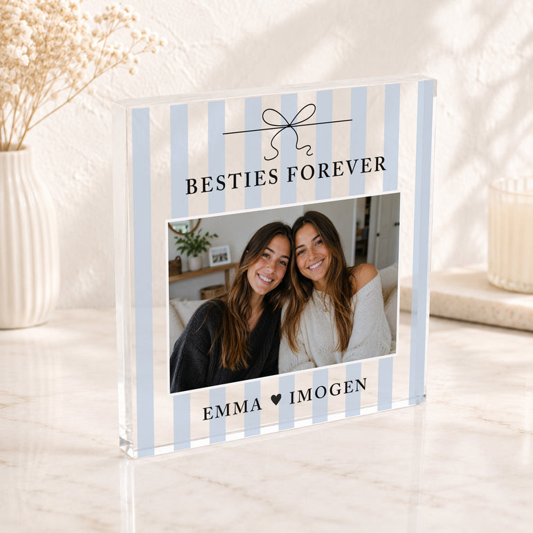 Blue striped personalised bestie photo block with Besties Forever bow design, one friendship photo and two personalised names.