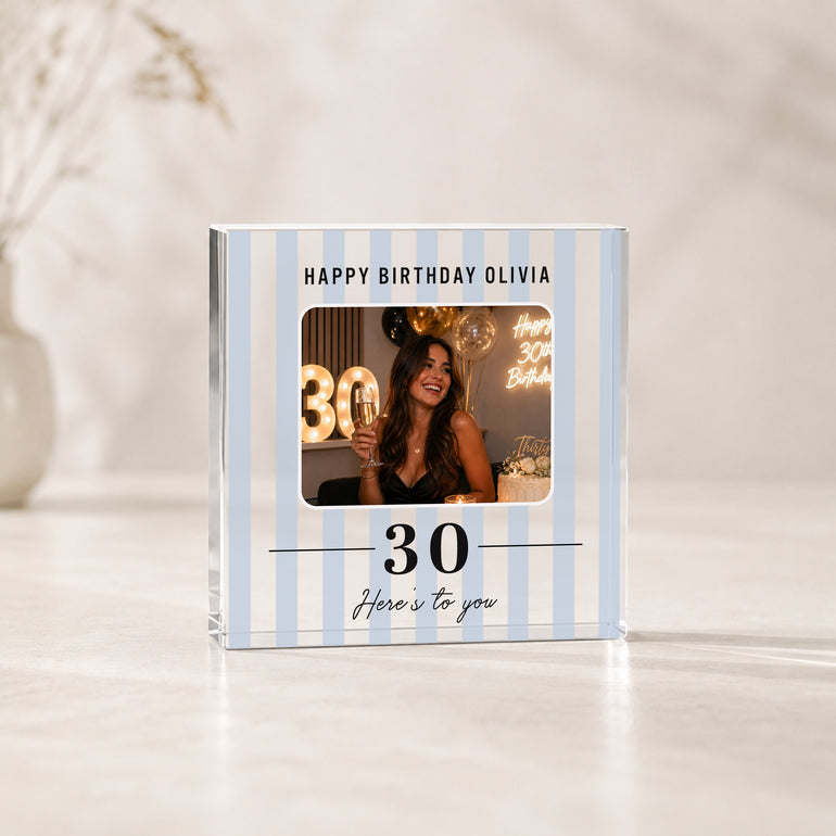 Blue striped personalised birthday acrylic photo block with one celebration photo, recipient name and milestone age.