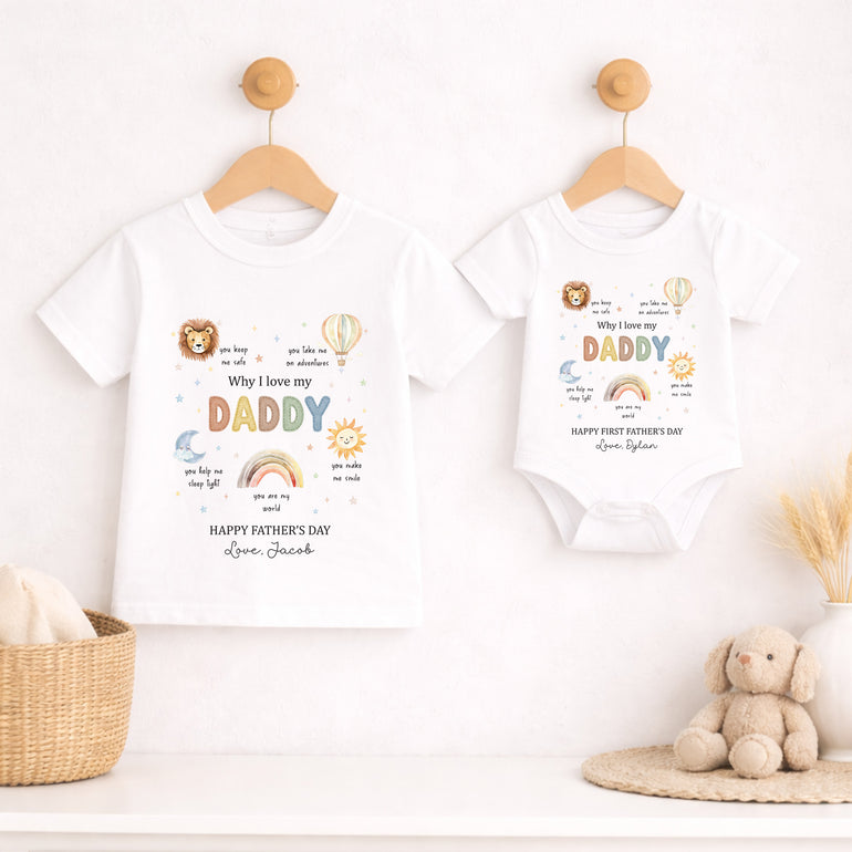 White Tshirt and vest with Little Reasons Why I Love My Daddy design, faux embroidery-style printed Daddy lettering and child name.