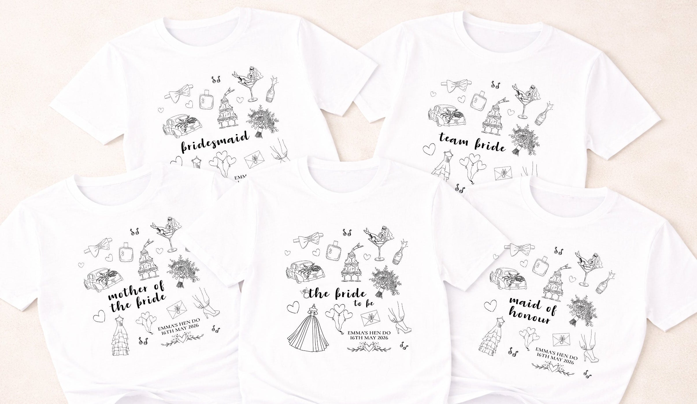personalised hen party t shirts minimalist line art bride and bridesmaid outfits