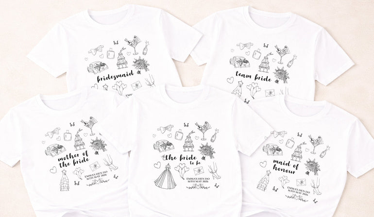 personalised hen party t shirts minimalist line art bride and bridesmaid outfits