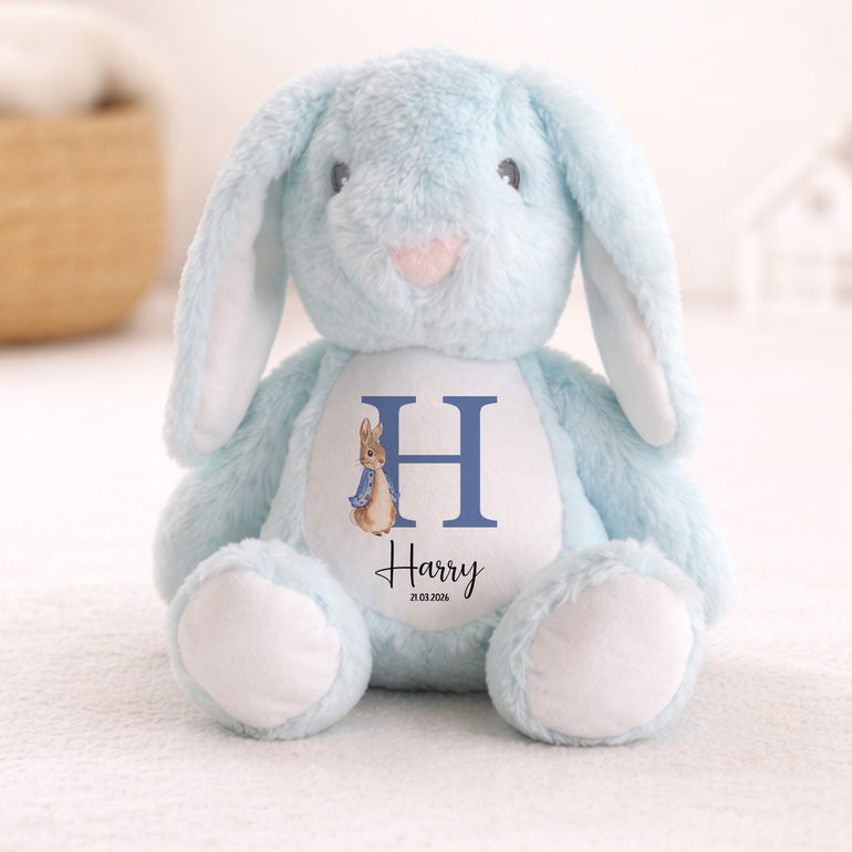personalised baby bunny with initial and name blue design