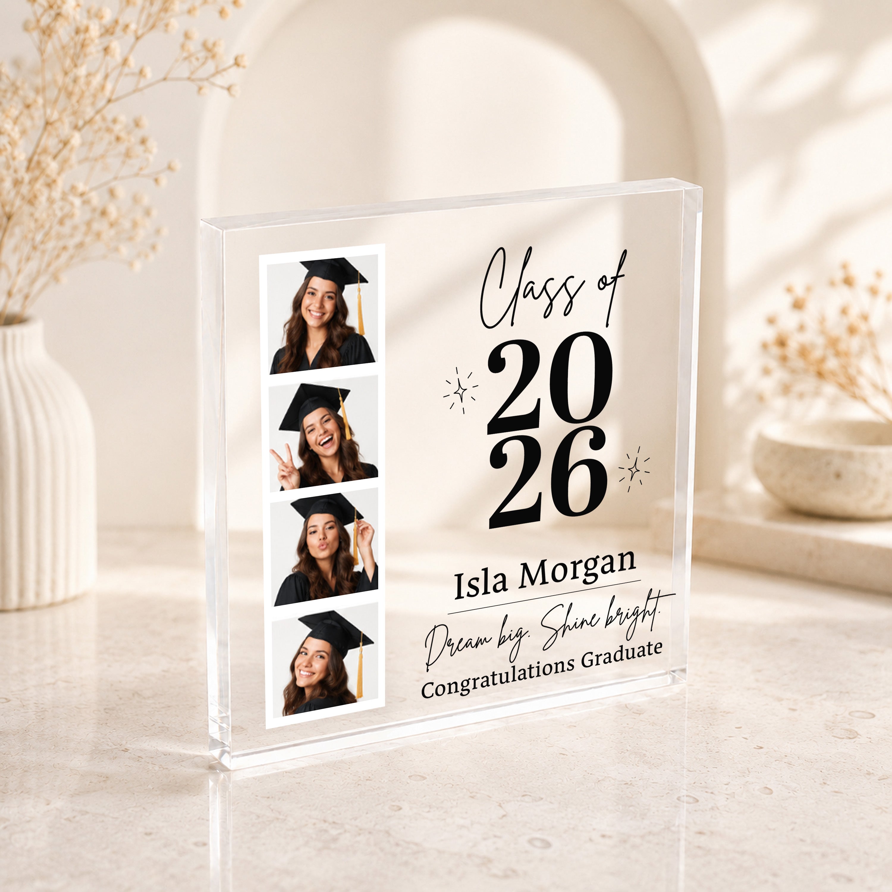Personalised Class of 2026 graduation photo block with four photos and graduate name
