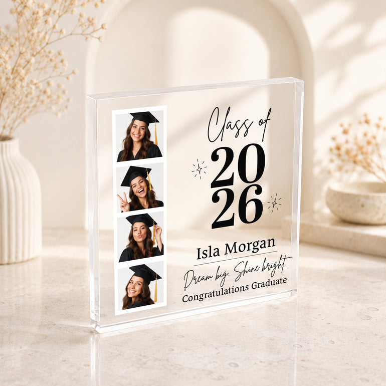 Personalised Class of 2026 graduation photo block with four photos and graduate name
