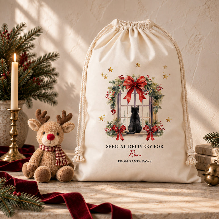 1. Personalised Santa Paws cat sack on a wooden bench beside a reindeer toy, with red bow and greenery details around the illustrated window.