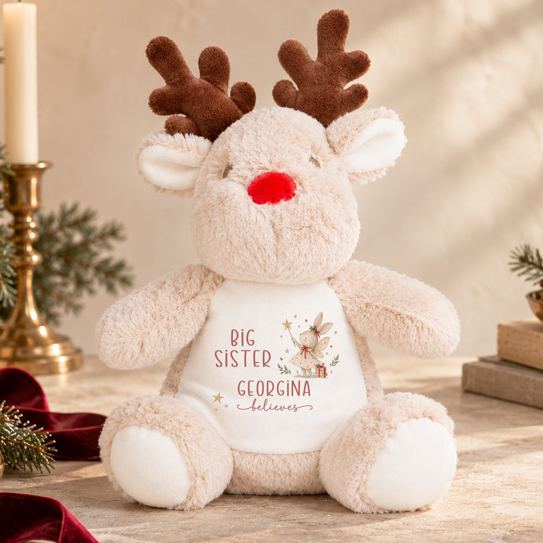 Personalised Big Sister Christmas reindeer soft toy with Georgina name, Believes wording and festive fairy rabbit design