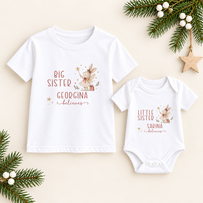 Personalised matching Big Sister and Little Sister Christmas clothing with fairy bunny design, names and festive Believes wording