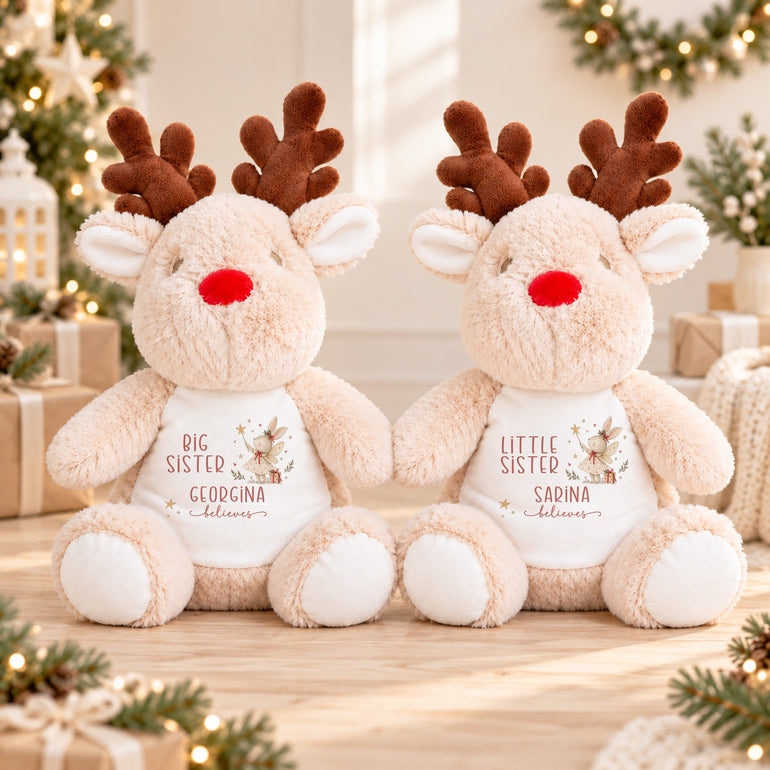 Matching personalised Big Sister and Little Sister Christmas reindeer soft toys with names and fairy rabbit Believes design