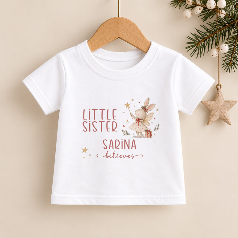 Personalised Little Sister Christmas T-shirt with fairy bunny, name Sarina and festive Believes design