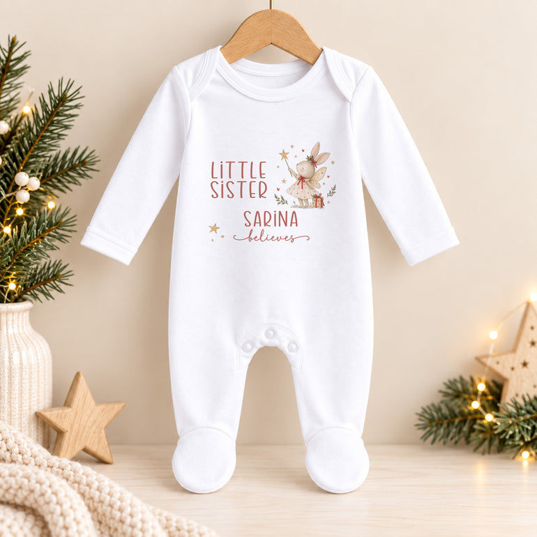 Personalised Little Sister Christmas baby grow with fairy bunny design, child’s name and Believes wording