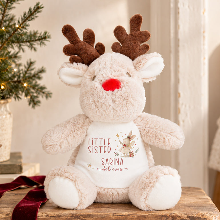 Personalised Little Sister Christmas reindeer soft toy with Sarina name, Believes wording and festive fairy rabbit design